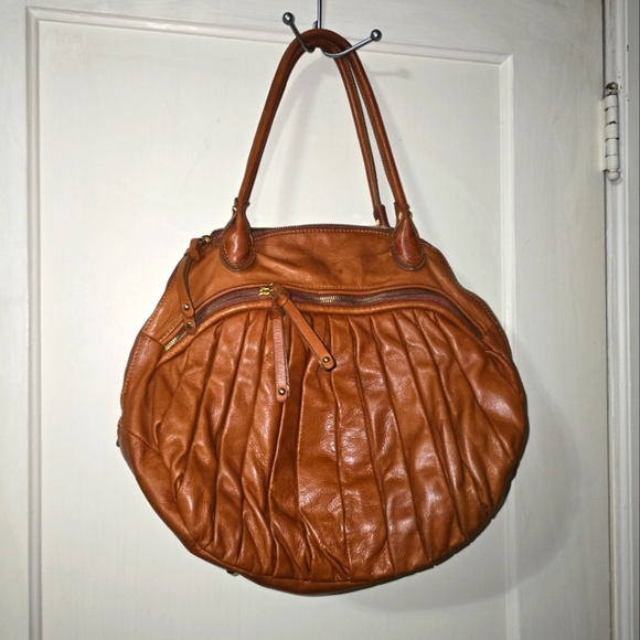 Sabina New York Brown Leather Hobo Handbag Pleated Rounded Zippers 18x13" - Picture 2 of 13